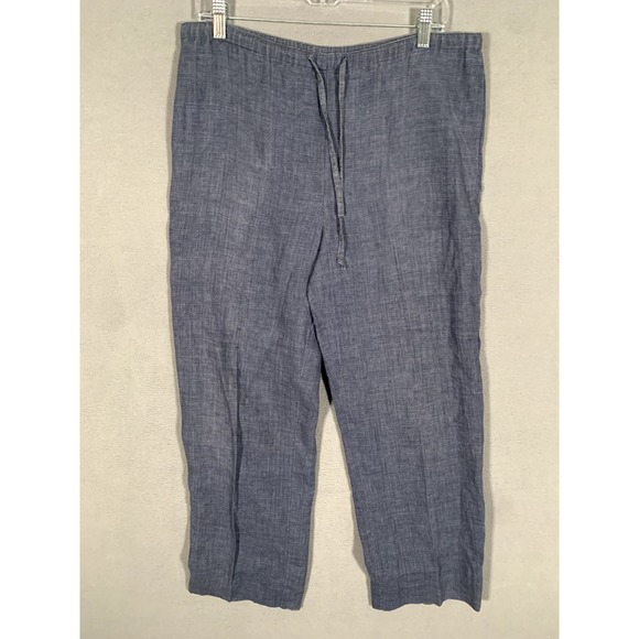 Saks Fifth Avenue Womens Linen Pants Petites Blue Drawstring Waist Wide Leg - Picture 1 of 10
